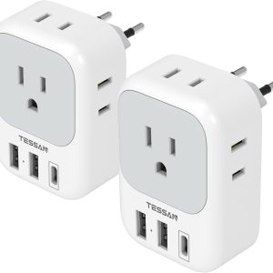 2 Pack European Travel Plug Adapter, International Power Plug Adapter with 3 Outlets 3 USB Charging Ports(1 USB C), Type C Plug Adapter Travel Essentials to Most Europe EU Spain Italy France Germany