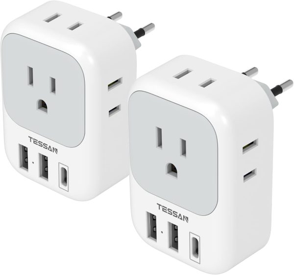 2 Pack European Travel Plug Adapter, International Power Plug Adapter with 3 Outlets 3 USB Charging Ports(1 USB C), Type C Plug Adapter Travel Essentials to Most Europe EU Spain Italy France Germany