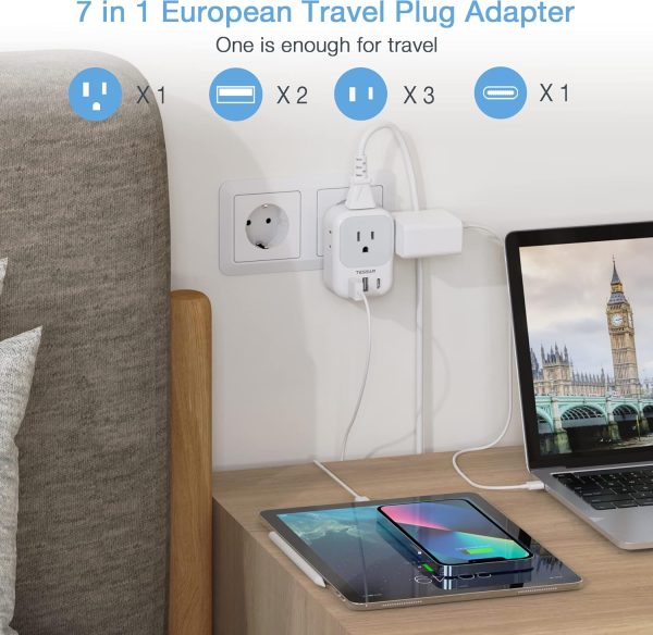 2 Pack European Travel Plug Adapter, International Power Plug Adapter with 3 Outlets 3 USB Charging Ports(1 USB C), Type C Plug Adapter Travel Essentials to Most Europe EU Spain Italy France Germany - Image 3