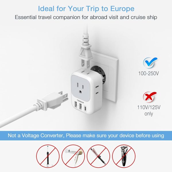 2 Pack European Travel Plug Adapter, International Power Plug Adapter with 3 Outlets 3 USB Charging Ports(1 USB C), Type C Plug Adapter Travel Essentials to Most Europe EU Spain Italy France Germany - Image 5