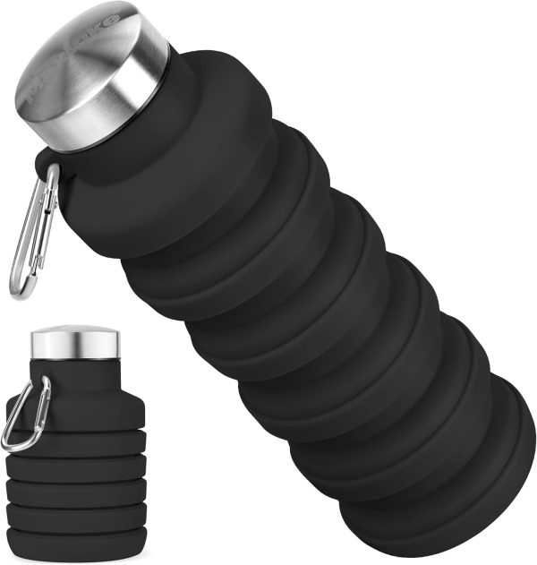Collapsible Water Bottles, Reuseable BPA Free Silicone Foldable Water Bottle 16oz, Lightweight Leakproof Portable Travel Water Bottles for Traveling Camping Hiking Sports Outdoors(Black)